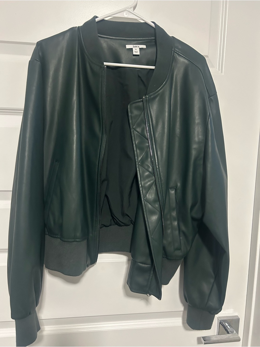Bar III Dark Green Faux Leather Bomber Jacket